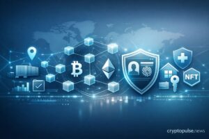 Blockchain network connecting supply chain, healthcare, identity, and digital assets across global industries