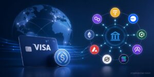 Visa card with stablecoin symbol and blockchain network representing $7B settlement expansion across nine chains