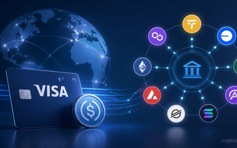 Visa card with stablecoin symbol and blockchain network representing $7B settlement expansion across nine chains