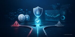 Cryptocurrency investing decisions with Bitcoin, Ethereum, security shield, risk indicators and market dashboard