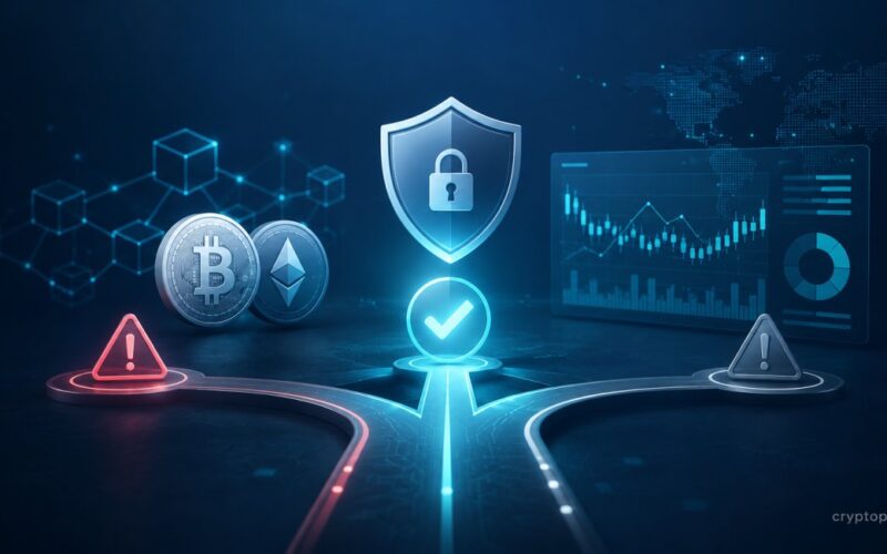 Cryptocurrency investing decisions with Bitcoin, Ethereum, security shield, risk indicators and market dashboard