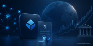 Blockchain.com IPO illustration with blockchain network, SEC filing document, financial chart and global crypto market symbols