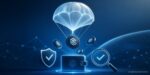 Crypto airdrop concept with tokens descending into wallet, shield security, and verification symbol to prevent scams