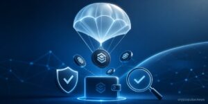 Crypto airdrop concept with tokens descending into wallet, shield security, and verification symbol to prevent scams