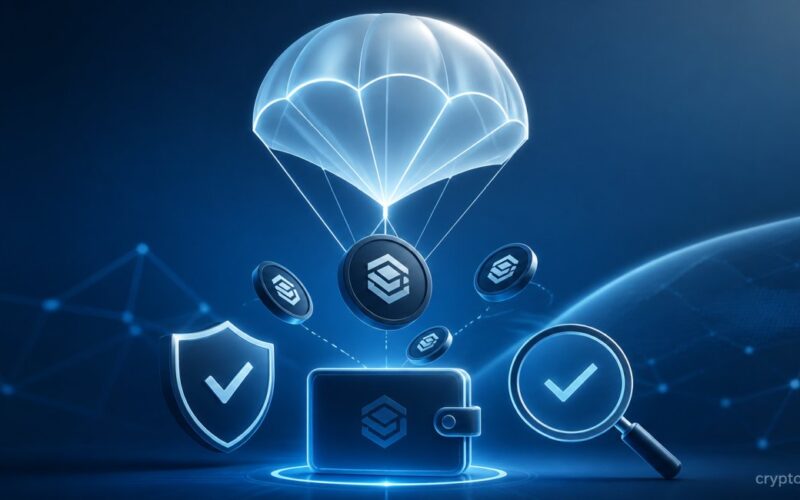 Crypto airdrop concept with tokens descending into wallet, shield security, and verification symbol to prevent scams