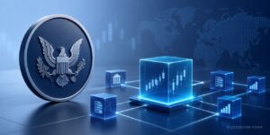 SEC tokenized stock framework concept with blockchain network and digital equity trading visualization
