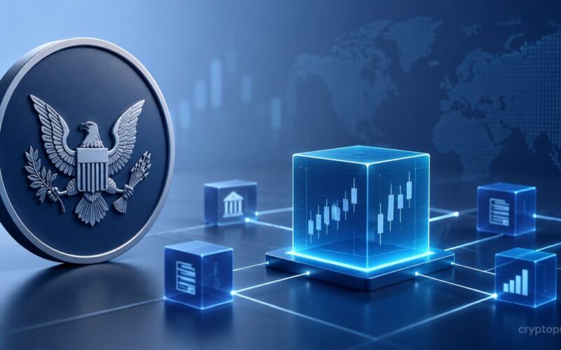 SEC tokenized stock framework concept with blockchain network and digital equity trading visualization