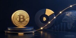 Bitcoin treasury growth chart beside BTC coin as Strategy surpasses 4% of total Bitcoin supply