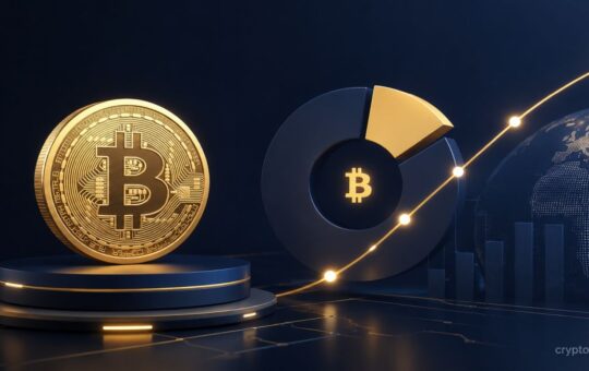 Bitcoin treasury growth chart beside BTC coin as Strategy surpasses 4% of total Bitcoin supply