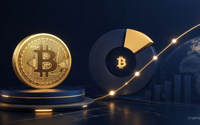 Bitcoin treasury growth chart beside BTC coin as Strategy surpasses 4% of total Bitcoin supply