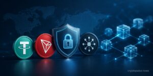 Tether and TRON symbols beside a security shield representing T3 Crime Unit freezing illicit crypto assets