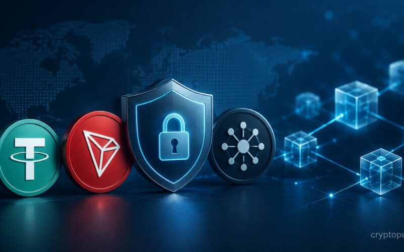 Tether and TRON symbols beside a security shield representing T3 Crime Unit freezing illicit crypto assets