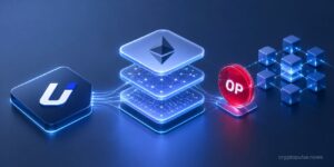 3D illustration of Ethereum Layer-2 stack with Upbit and Optimism symbols connected by a blockchain network