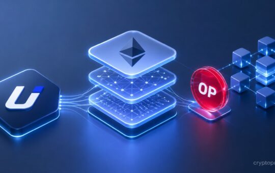 3D illustration of Ethereum Layer-2 stack with Upbit and Optimism symbols connected by a blockchain network
