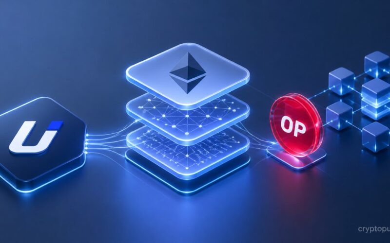 3D illustration of Ethereum Layer-2 stack with Upbit and Optimism symbols connected by a blockchain network