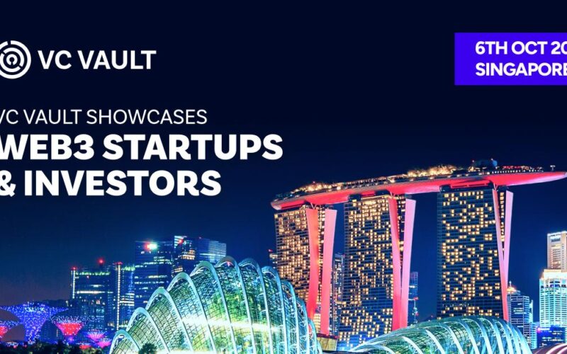 Singapore skyline promoting VC Vault's Founders & Funders Forum for Web3 startups and investors