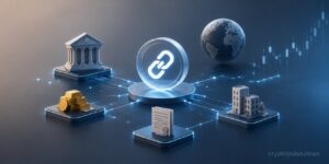 Tokenized real-world assets connected to blockchain networks, including real estate, gold, and finance symbols