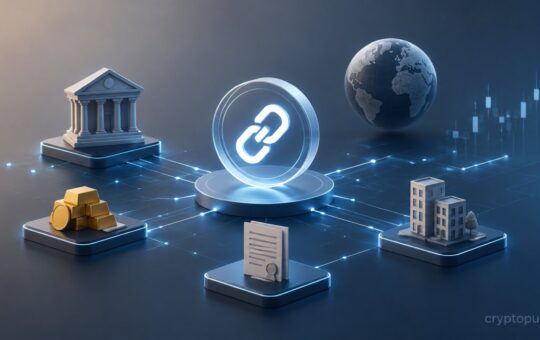 Tokenized real-world assets connected to blockchain networks, including real estate, gold, and finance symbols