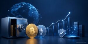 Bitcoin and Ethereum corporate treasury concept with digital vault, growth chart, and blockchain network icons