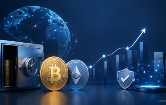Bitcoin and Ethereum corporate treasury concept with digital vault, growth chart, and blockchain network icons