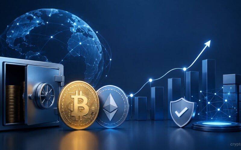 Bitcoin and Ethereum corporate treasury concept with digital vault, growth chart, and blockchain network icons