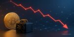 Bitcoin mining hardware and BTC symbol alongside a falling chart representing lower mining difficulty.