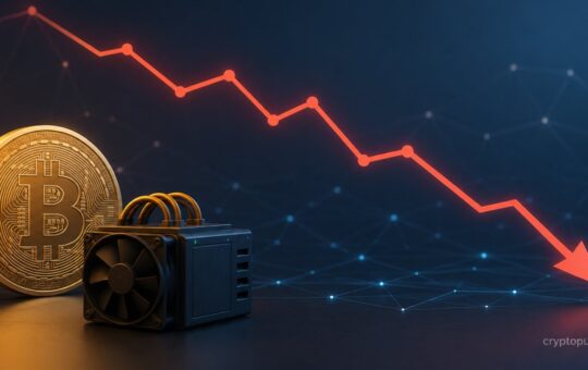 Bitcoin mining hardware and BTC symbol alongside a falling chart representing lower mining difficulty.