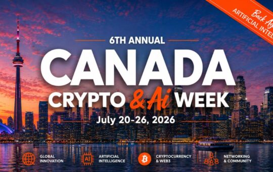 Promotional graphic for Canada Crypto & AI Week 2026 featuring the Toronto skyline and event dates.
