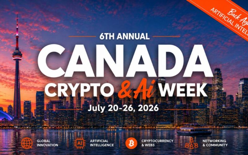 Promotional graphic for Canada Crypto & AI Week 2026 featuring the Toronto skyline and event dates.