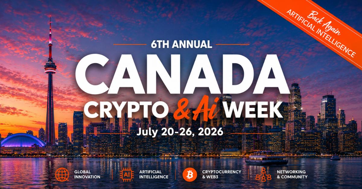 Promotional graphic for Canada Crypto & AI Week 2026 featuring the Toronto skyline and event dates.