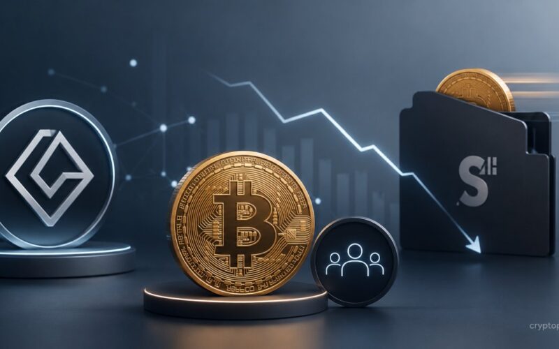 Bitcoin and Grayscale symbols with declining chart and buyer icon illustrating concerns over future BTC demand.