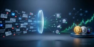Crypto news filtering concept with market chart, verified information icons, and cryptocurrency symbols