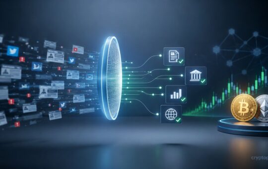 Crypto news filtering concept with market chart, verified information icons, and cryptocurrency symbols