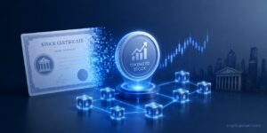 Illustration of a traditional stock certificate transforming into a tokenized stock on a blockchain network.