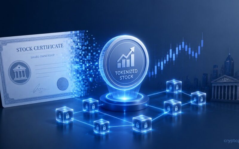 Illustration of a traditional stock certificate transforming into a tokenized stock on a blockchain network.