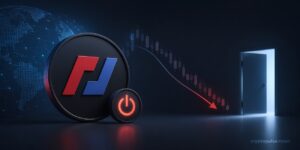 BitMEX exchange shutdown concept with trading chart, digital network and exit symbol representing crypto derivatives closure.