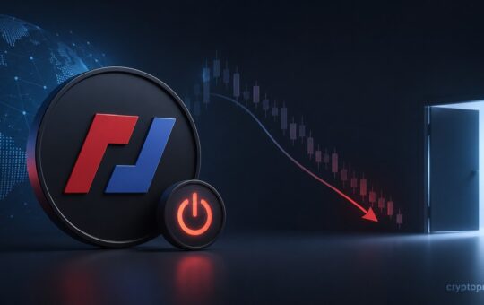 BitMEX exchange shutdown concept with trading chart, digital network and exit symbol representing crypto derivatives closure.