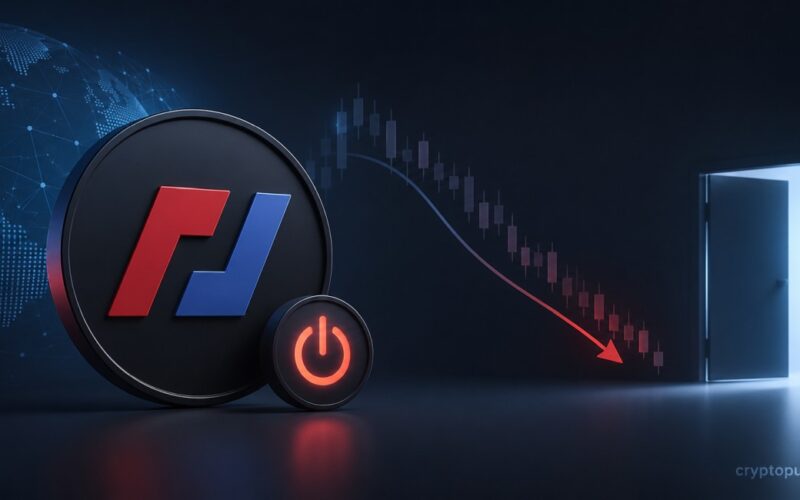 BitMEX exchange shutdown concept with trading chart, digital network and exit symbol representing crypto derivatives closure.
