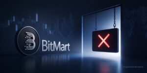 BitMart exchange shutdown concept with exchange logo, closure symbol, crypto chart, and global market backdrop