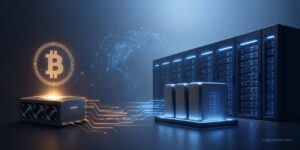 Bitcoin mining hardware connected to AI data center servers, illustrating miners' expansion into AI infrastructure