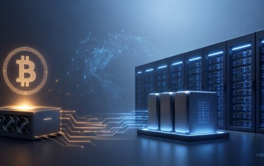Bitcoin mining hardware connected to AI data center servers, illustrating miners' expansion into AI infrastructure