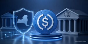 USDC coin with New York shield and bank symbols representing Circle's NYDFS trust charter and strengthened stablecoin regulation