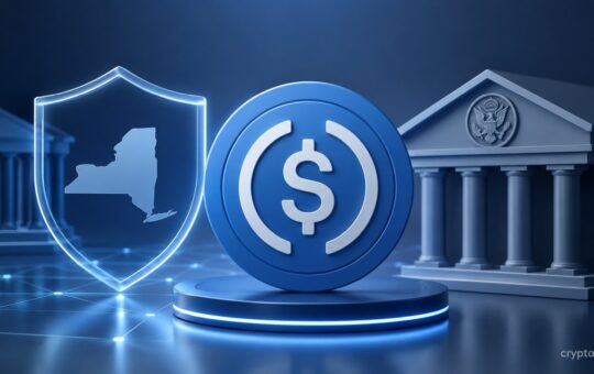 USDC coin with New York shield and bank symbols representing Circle's NYDFS trust charter and strengthened stablecoin regulation