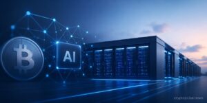 CleanSpark AI data center lease with Bitcoin mining and server infrastructure illustration