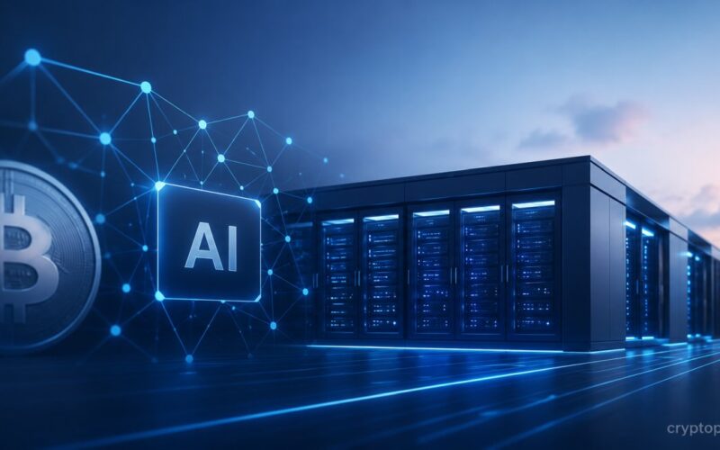 CleanSpark AI data center lease with Bitcoin mining and server infrastructure illustration