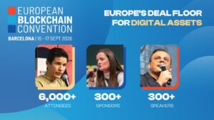European Blockchain Convention 2026 promotional banner highlighting Barcelona event, speakers and attendee statistics