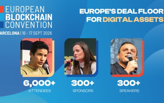 European Blockchain Convention 2026 promotional banner highlighting Barcelona event, speakers and attendee statistics