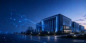 Galaxy Digital AI data center campus in Texas with digital network connections representing high-performance computing infrastructure