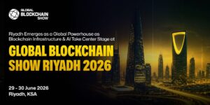 Global Blockchain Show Riyadh 2026 promotional banner with Riyadh skyline
