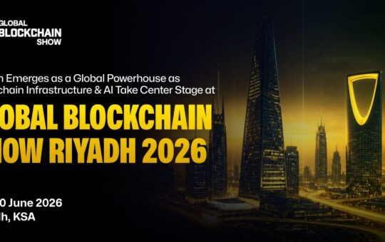 Global Blockchain Show Riyadh 2026 promotional banner with Riyadh skyline